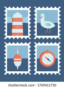 Ilustración marina vectorial. Postal oceánica, conjunto de iconos del mar. Faro, gaviota, brújula, íconos de bobble.