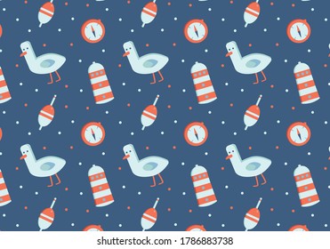 Vector marine illustration. Sea pattern. Lighthouse, seagull, compass, bobber. Marine icons with cartoon art style. Cute ocean pattern.