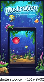 Vector marine illustration for tablets and smartphones. Bright background image to create original video or web games, graphic design, screen savers