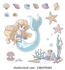 Vector marine illustrations set. Cute cartoon mermaid, starfish, glass jar with various shells and seaweed. Sea theme. Isolated objects on white background.