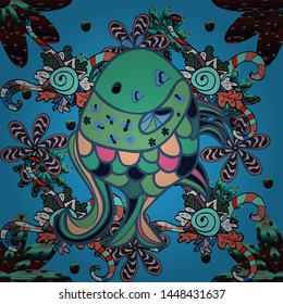 Vector. Marine kids seamless pattern with colorful cartoon fishes in water. Stylized vector cute color fish for children textile, wrapping paper, swimsuit cloth, package. Fishes on green, black, blue.