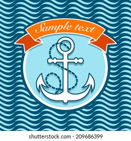 Vector marine label with anchor and rope icon on blue wavy background