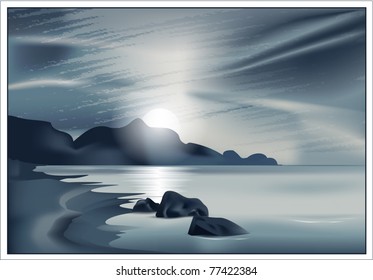 El paisaje marino vectorial con el sol abrasador