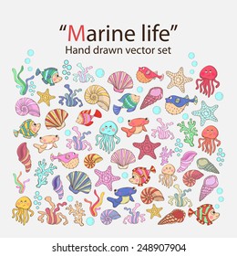 Vector marine life hand drawn set with various sea inhabitants, seaweed,sword fish,fish urchin, octopus, jellyfish,coral,shells, barnacles,algae in doddle style.Marine life.