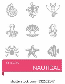 Vector marine life icon set on grey background