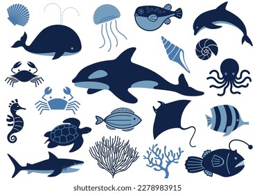 Vector Marine Life Illustration Set Isolated On A White Background.