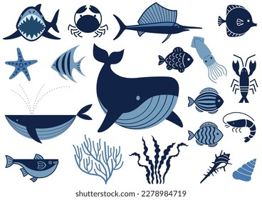 Vector Marine Life Illustration Set Isolated On A White Background.