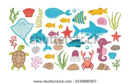 Vector marine life set with dolphin, shark, stingray, crab, jellyfish, turtle, and seaweed