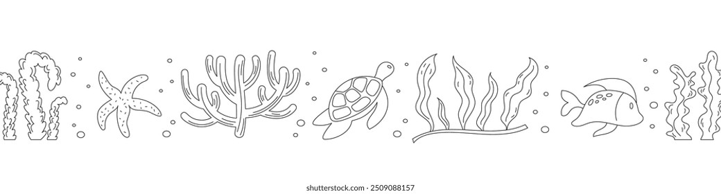 Vector con siluetas de vida marina como peces, tortugas marinas, algas, corales y burbujas. Complementa temas de vida oceánica, arrecifes submarinos y hábitat acuático. Establece Elementos.