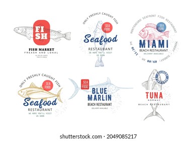 Vector Marine Logo Templates For Sea Food Restaurant. Sea Fish Signs In Sketch Style, Badge For Your Design, Printing And Label. Hand Drawn Illustration Of Salmon, Trout, Tuna, Carp, Blue Marlin Fish.