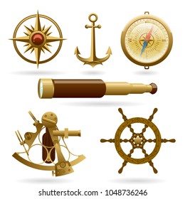 Vector marine navigation icon set isolated on white background. Windrose, anchor, compass and other objects