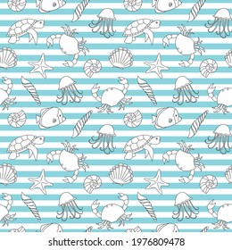 vector marine pattern, animals of the ocean and the sea, shells on a striped background