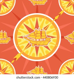 Vector Marine pattern. Seamless ornamental texture with use a compass, and a ship. 
All elements are not cropped and hidden under mask. 
