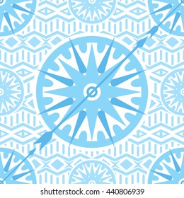 Vector Marine pattern. Seamless ornamental texture with use a compass, and a ship. 
All elements are not cropped and hidden under mask. 