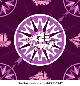 Vector Marine pattern. Seamless ornamental texture with use a compass, and a ship. 
All elements are not cropped and hidden under mask. 
