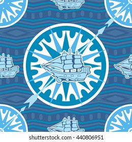 Vector Marine pattern. Seamless ornamental texture with use a compass, and a ship. 
All elements are not cropped and hidden under mask. 