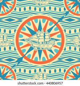 Vector Marine pattern. Seamless ornamental texture with use a compass, and a ship. 
All elements are not cropped and hidden under mask. 