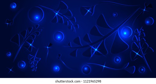 Vector marine pattern from underwater plant elements on a dark blue glowing background in ethnic style. For registration of congratulations or objects of design of natural products.