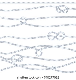 Vector Marine Rope and Knot Pattern. White rope ornament and nautical knots. For fabric, wallpaper, wrapping. 