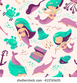 Vector marine seamless background with mermaid and underwater inhabitants