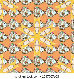 Vector marine seamless pattern with cartoon colorful fishes. Sea life summer background. Fishes on yellow, neutral and beige colors.