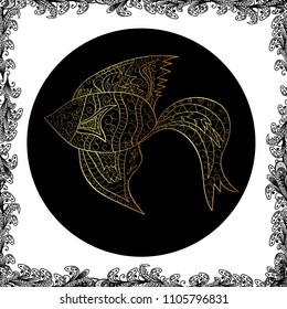 Vector marine seamless pattern with cartoon colorful fishes. Sea life summer background. Fishes on black, white and gray colors.