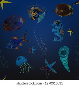 Vector marine seamless pattern with cartoon colorful fishes. Fishes in gray, blue and brown colors. Sea life summer background.