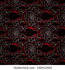 Vector marine seamless pattern with cartoon colorful fishes. Fishes in brown, black and white colors. Sea life summer background.