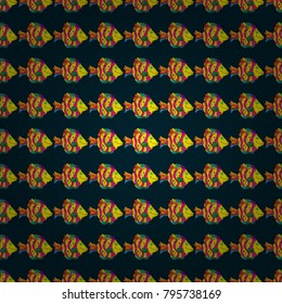 Vector marine seamless pattern with cartoon colorful fishes. Sea life summer background. Fishes on blue, yellow and magenta colors.