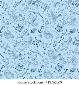 Vector marine seamless pattern with doodle mermaid and underwater inhabitants
