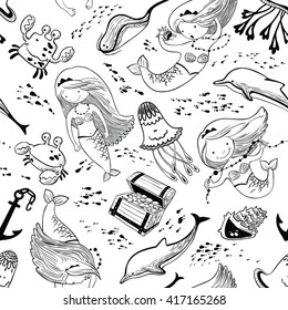 Vector marine seamless pattern with doodle mermaid and underwater inhabitants
