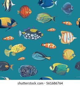  Vector Marine seamless pattern. Fish of coral reefs of different breeds on a bright blue background