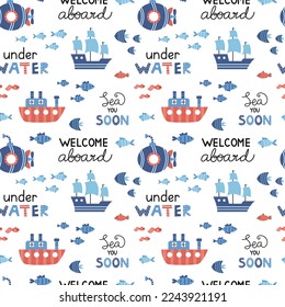 Vector marine seamless pattern in flat design. White background with submarine, steamship, sailboat and fishes. Ocean.