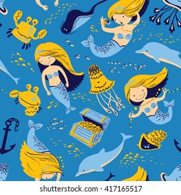 Vector marine seamless pattern with mermaid and underwater inhabitants