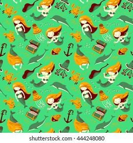 Vector marine seamless pattern with mermaid and underwater inhabitants