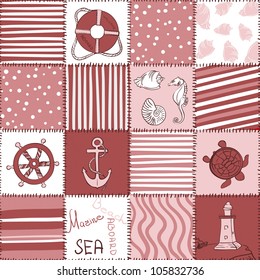 Vector Marine Seamless Pattern. Sea Red  Patchwork