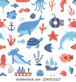 Vector marine seamless pattern with sea animals in flat design. Dolphin, whale, starfish, seahorse, octopus and fishes. Underwater life.