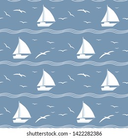 Vector of marine seamless pattern with yacht,seagull and waves.White on blue background