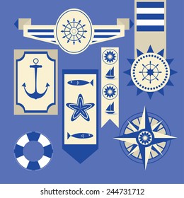 Vector marine set in blue colors. Collection of ribbon, banner and card with fish, lifebuoy, steering wheel and wind rose