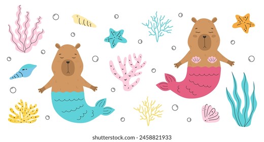 Vector marino conjunto con capibaras sirenas