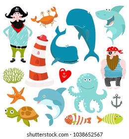 Vector marine set. cartoon characters. a cartoon pirate. fashion animals. whale, shark, fish, octopus, turtle, dolphin, crab. lighthouse
