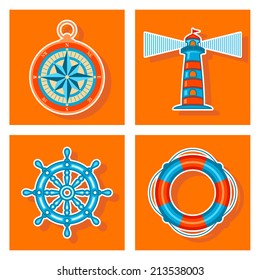 Vector marine set with compass, lighthouse, rudder and lifebuoy