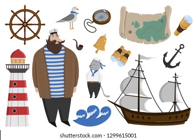 Vector marine set. Decorative color elements of the lighthouse, captain,  sailboat, anchor, the old map, seagull, sailor, lighthouse, compass, steering wheel.