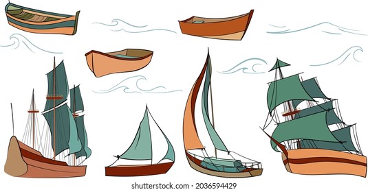 Vector marine set of different ships , boats and waves isolated on white background. Hand drawn illustration for decoration kid's room, postcards, design, prints. 