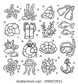 Vector marine set hand-drawn on an isolated white background. Sea, seashells, diving, marine life, algae. Contour doodle drawings. Illustrations for background, pattern, stickers, prints, postcards.