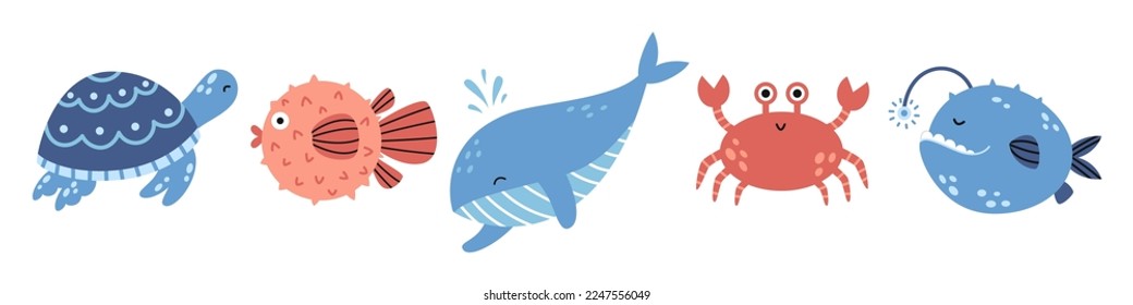 Vector marine set with sea animals. Whale, sea crab, turtle, globefish and angler fish. Sea life.