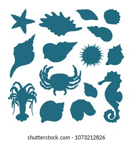 Vector marine set of seashell, crab, horse, cancer, seashell, urchin, starfish Collection of print shape Travel symbol, logo of underwater world, summer life Simple silhouette illustration, background