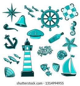 Vector marine set with seashells, corals and starfishes. Marine background.