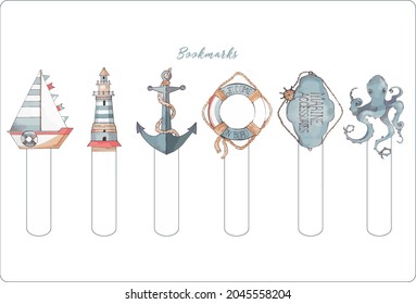 Vector marine set. Stickers, bookmarks. Anchor, lighthouse, wind rose, bell, shark, flag, a boat and octopus. Suitable for decorating books, postcards, children's parties, fabrics, wallpapers.