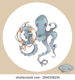 Vector marine set. Stickers, bookmarks. Anchor, lighthouse, wind rose, bell, shark, flag, a boat and octopus. Suitable for decorating books, postcards, children's parties, fabrics, wallpapers.